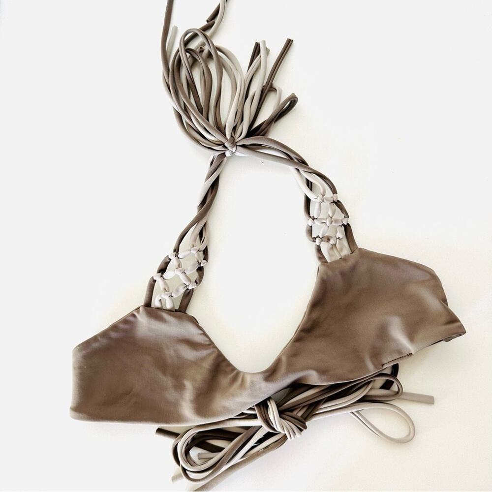 ANTHROPOLOGIE SIEMPRE GOLDEN Tan Beige Cream Halter Tie Multi Strap Bikini Top S